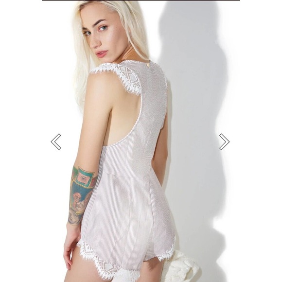 For Love & Lemons Emmy Sleep Romper Brown Seersucker and Lace Size Small - Picture 2 of 16